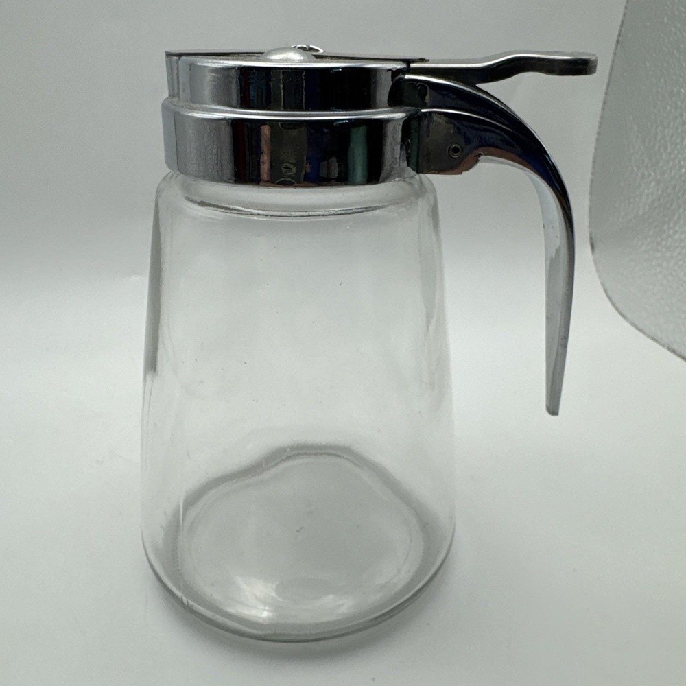 Vintage Style Chrome Top Glass Syrup Pitcher Resturant Style
